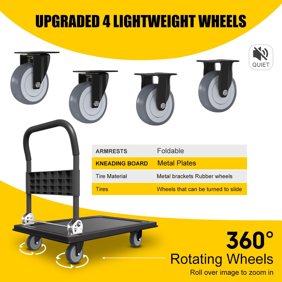 WUD Push Cart, Folding Mobile Platform Trolley,Thickened and Reinforced, 360° Swivel Wheels,35.4 “L x 23.6 ”W, 1100 lb. Black Dolly cart with Wheels (Black, Large)