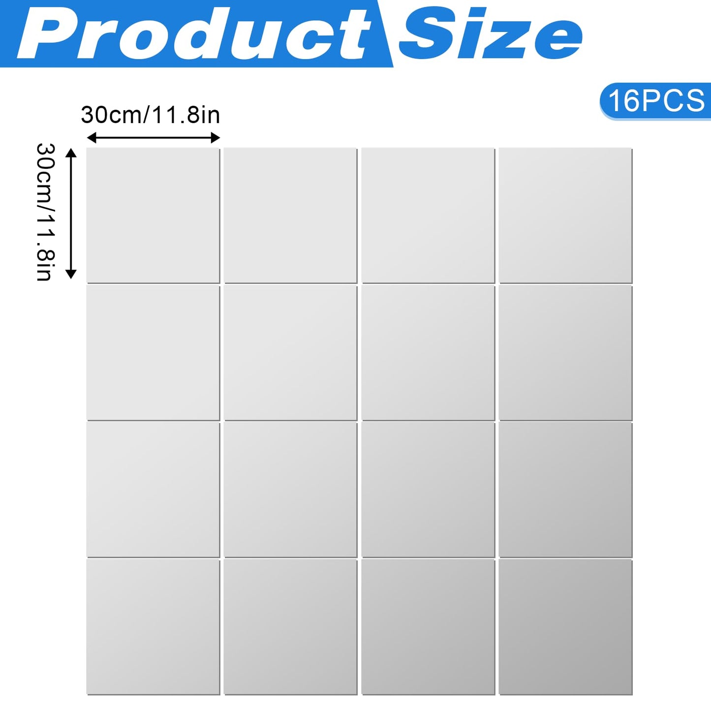 Zelphvt 16 Packs Home Gym Mirrors 12'' x 12'' Wall Mounted Mirror Tiles, Square Large Wall Mirror Frameless Full Length Mirror for Home Gym, Bedroom, Door, Bathroom, Living Room