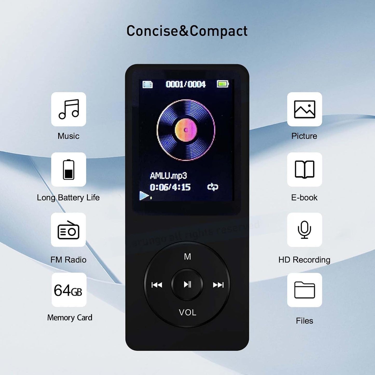 arungo MP3 64GB MP3 1.8 inch 128GB Player with Speaker Earphone Portable HiFi Lossless Sound Mini Music Player Voice
