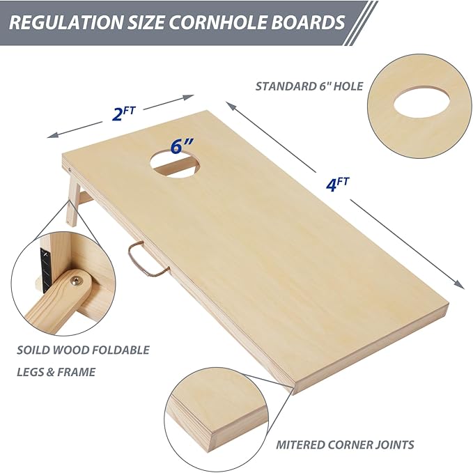 Cornhole Set 4'x2' Cornhole Board Sets with Bags Regulation Size, Corn Hole Games for Adults Outdoor Bean Bag Toss Game, Solid Wood