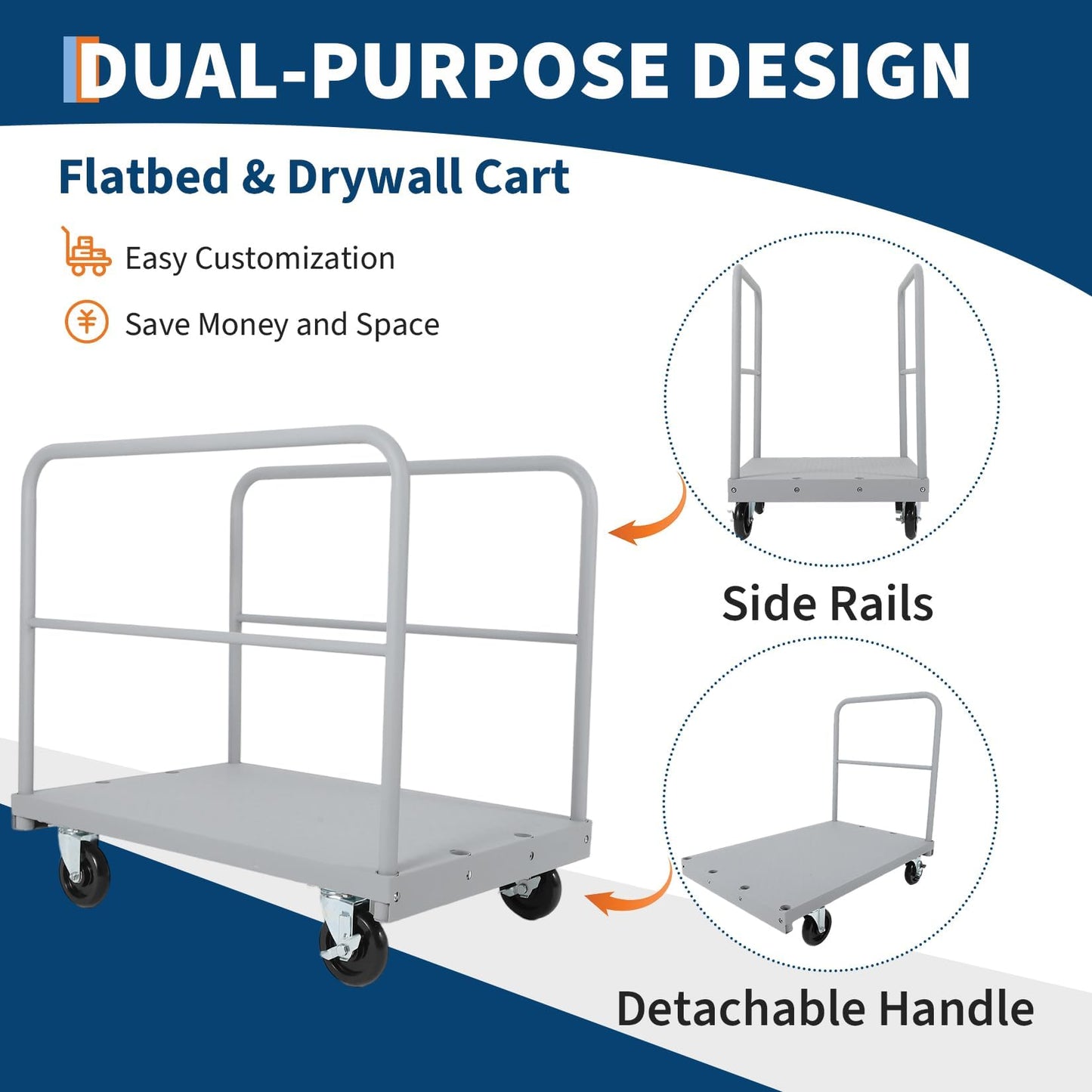 2-in-1 Platform Truck, 2200 LBS Heavy Duty Steel Panel Dolly, 36 x 24 Inch Panel Truck Cart with 2 Handrails & Rubber Swivel Casters, for Factory, Warehouse, Garage, Moving and Storage