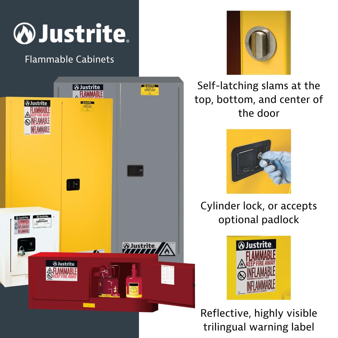 Justrite 4 Gallon Manual Close Countertop Flammable Storage Cabinet, 18 Gauge Steel, 1 Shelf, 1 Door Fire Cabinet, 22" x 17" x 17", Made in The USA, Yellow, 890400