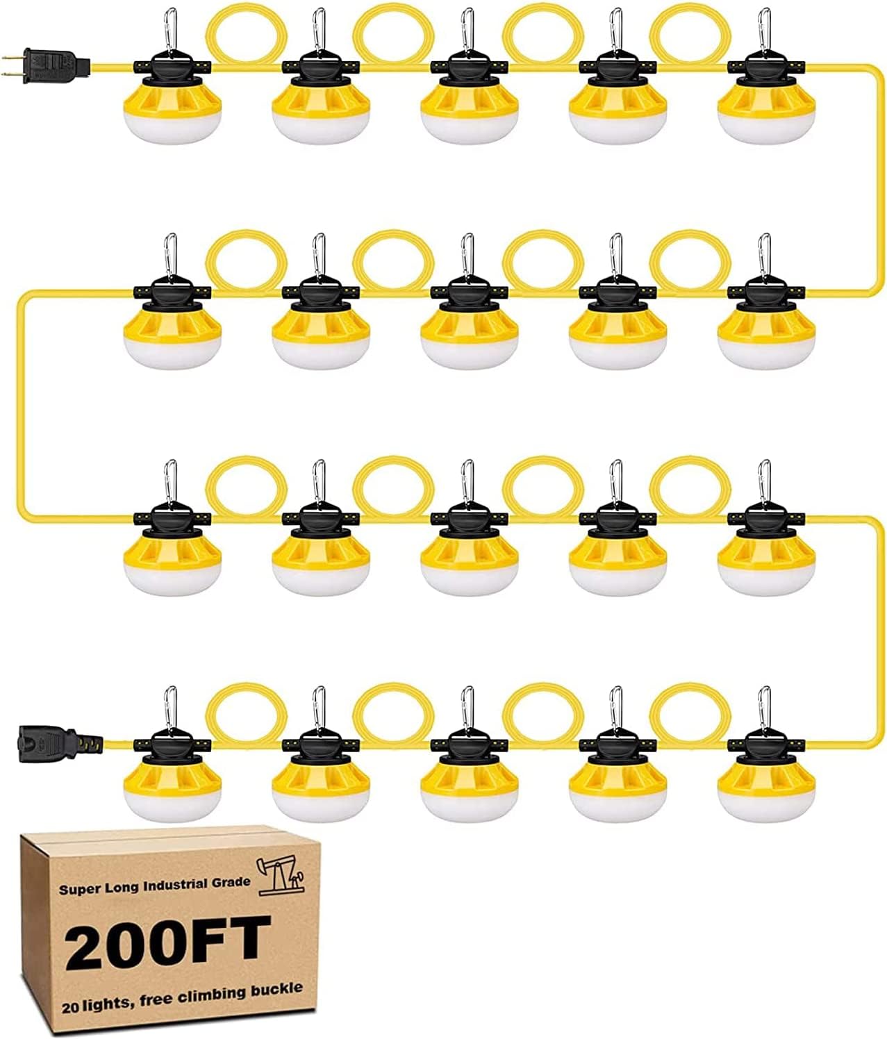 200FT Construction LED String Lights, Industrial Grade Best for Construction Sites, Renovation, Patio, Mine cave, Outdoor, and Other Outdoor Lighting Solutions Use, with Hook (200FT -20 Lights)