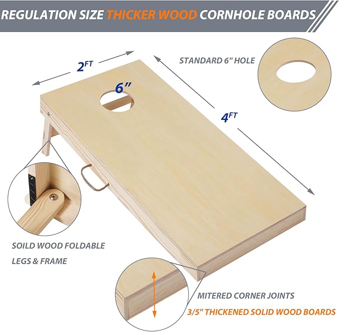 Cornhole Set 4'x2' Cornhole Board Sets with Bags Regulation Size, Corn Hole Games for Adults Outdoor Bean Bag Toss Game, Solid Wood