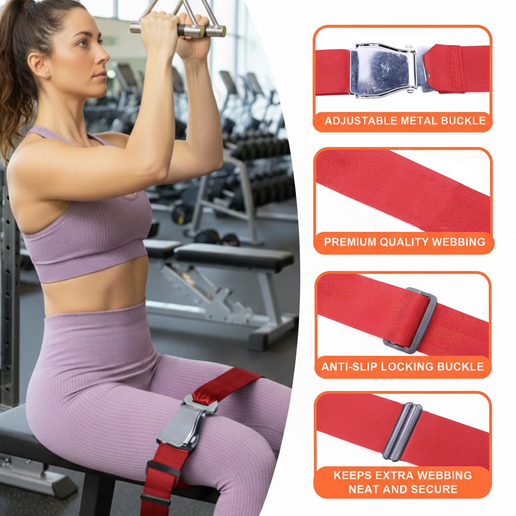 Nordic Curl Stabilizer Strap with Anti-Slip Locking Buckle, Adjustable 63-Inch gym seatbelt for Bench, Nordic Curl, Leg Extensions, Seated Rows & Home Gym Training(red)
