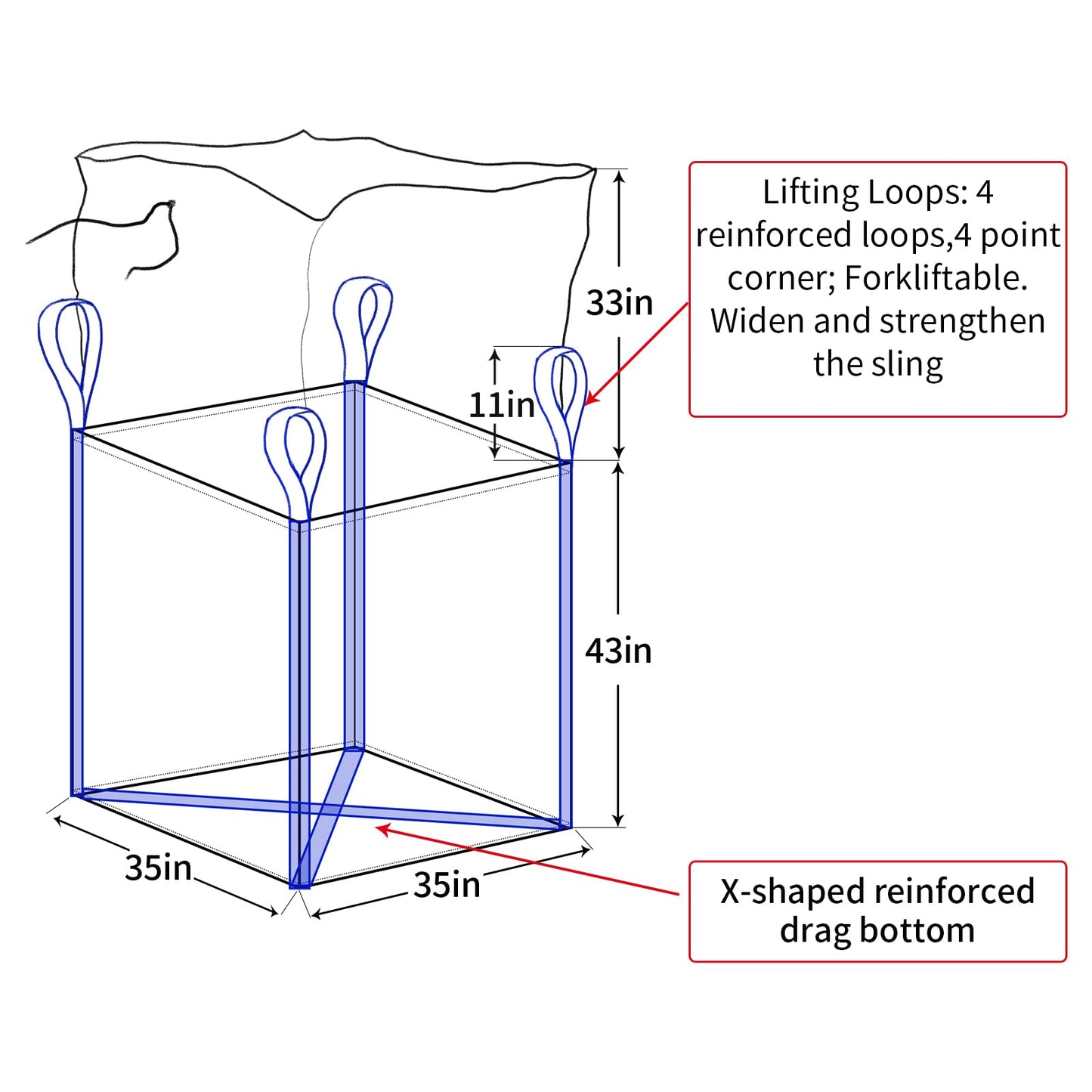 JINYUANDI 10 Pack FIBC Bulk Bag,Flexible Bulk Bags 1.5 Ton Bag, 35"L x 35"W x 43"H, 3300lbs SWL, Duffle Top Flat Bottom Heavy Duty, Woven Polypropylene Bags