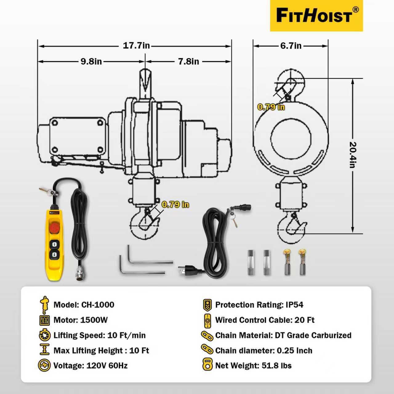 FITHOIST Electric Chain Hoist 1 Ton, 2200 lbs Capacity, 10 ft Lift Height, 1500W Motor, G80 Chain, 20 ft Wired Remote with Emergency Stop, 120V Hoist Lift for Garage, Workshop, Farm