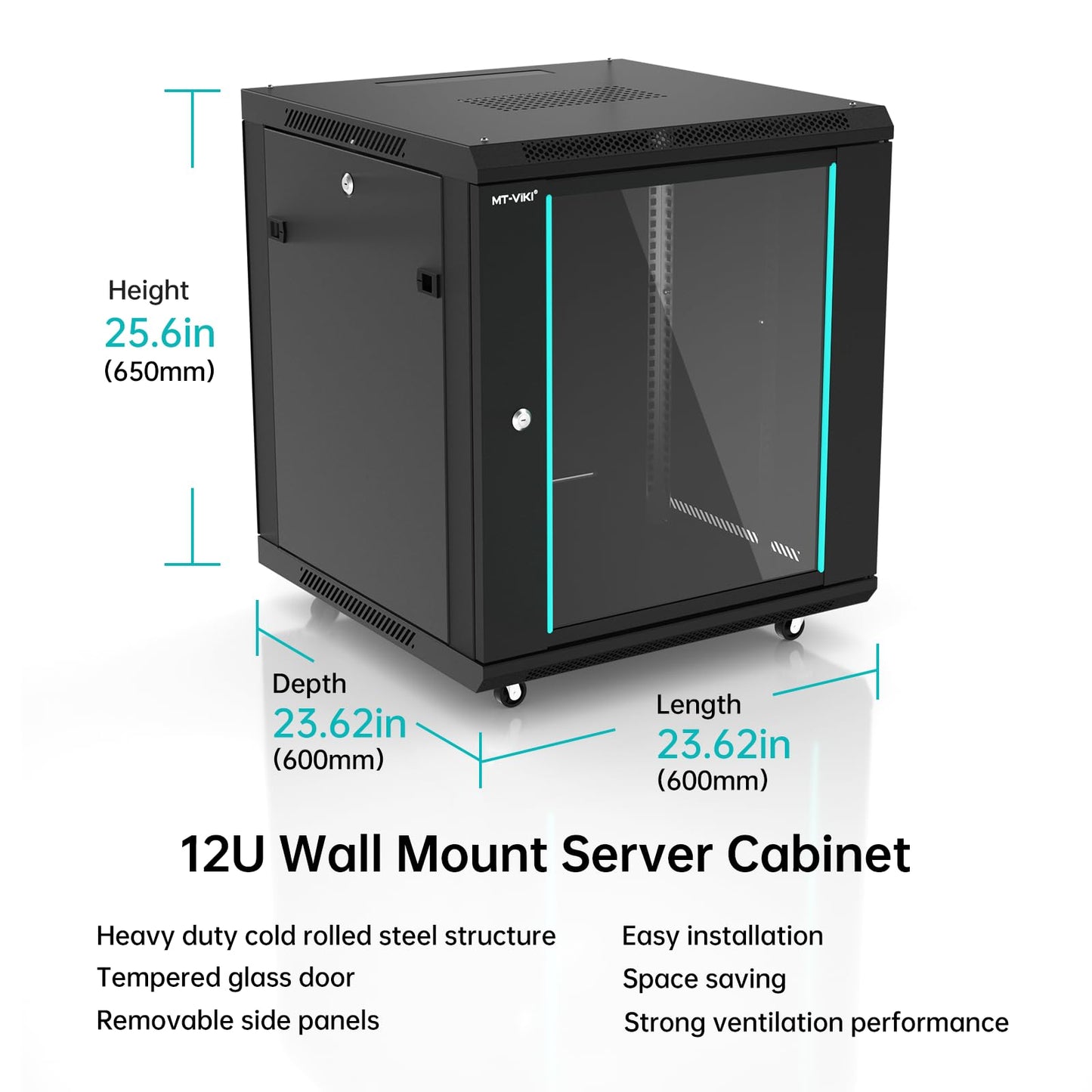 MT-VIKI 12U Server Cabinet Network Rack Vented Enclosure w/Moving Wheel, 0.8mm Thick Steel, 23.6‘’ Deep (600mm), for 19'' IT Equipment, Included 1pcs 12'' Depth Rack Shelf
