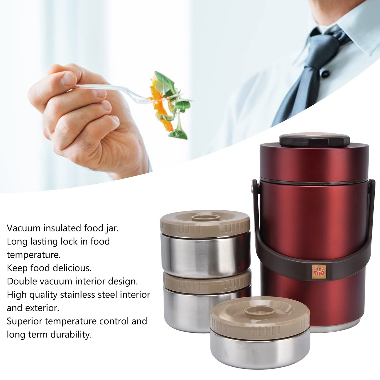 Qiilu Food Flask 2L Termos Para Comida Caliente 24 Horas 304 Stainless Steel 2.3L Vacuum Lunch Box 3 Layers Prevent Leakage Insulated Container For Work Travel (Red)