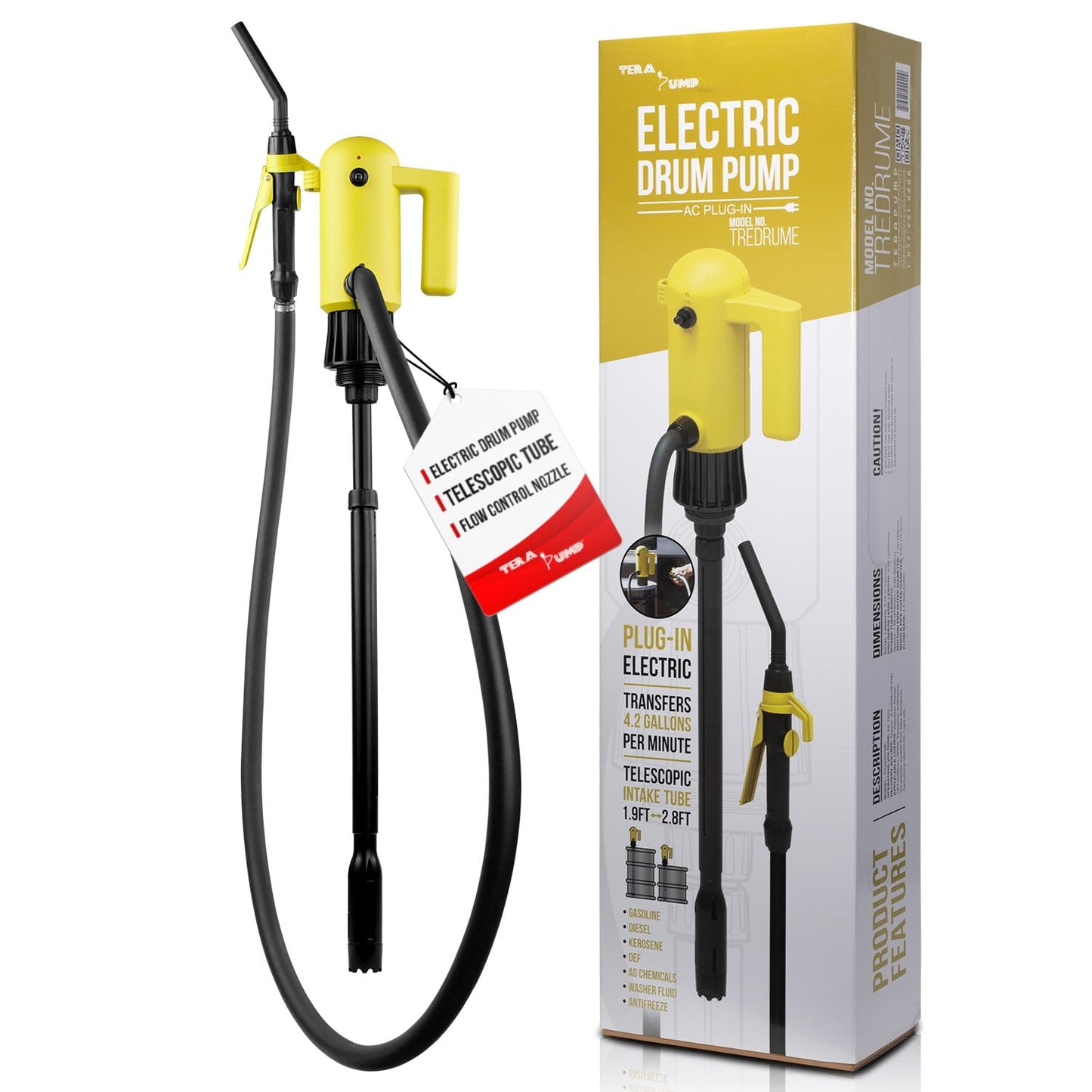 TERA PUMP 55 Gallon Drum Liquid Transfer Pump, Plug In Electric Compatible, 4.2 GPM Telescopic (22.6-34inch) Pump for Diesel Gasoline Kerosene DEF Adblue Antifreeze Windshield (Washer Fluid) Detergent