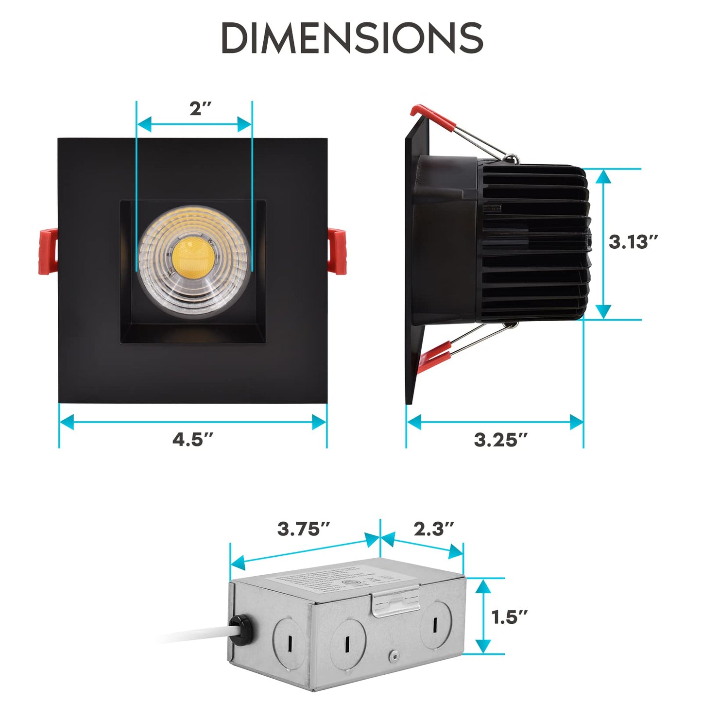 Luxrite 4 Inch Square LED Recessed Lighting with Junction Box, 15W, 5 Color Selectable 2700K-5000K, 1100 Lumens, 40° Spotlight, Dimmable Downlight, Wet Rated, IC Rated - Black Trim (4 Pack)