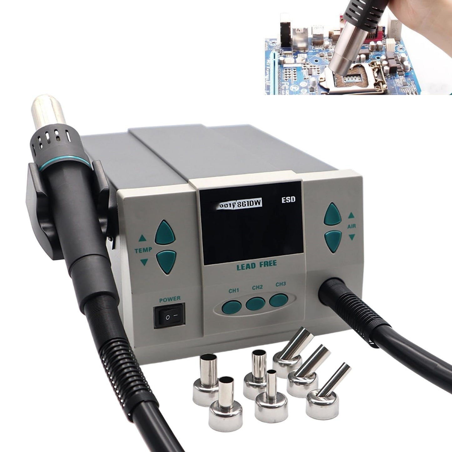 Hot Air Station, 861DW Hot Air Rework Station 110V 1000Watt Digital Display Automatic Sleep Adjustable Temperature Hot Air Soldering Station for Miro Soldering Rework with 7PCS Free Nozzles