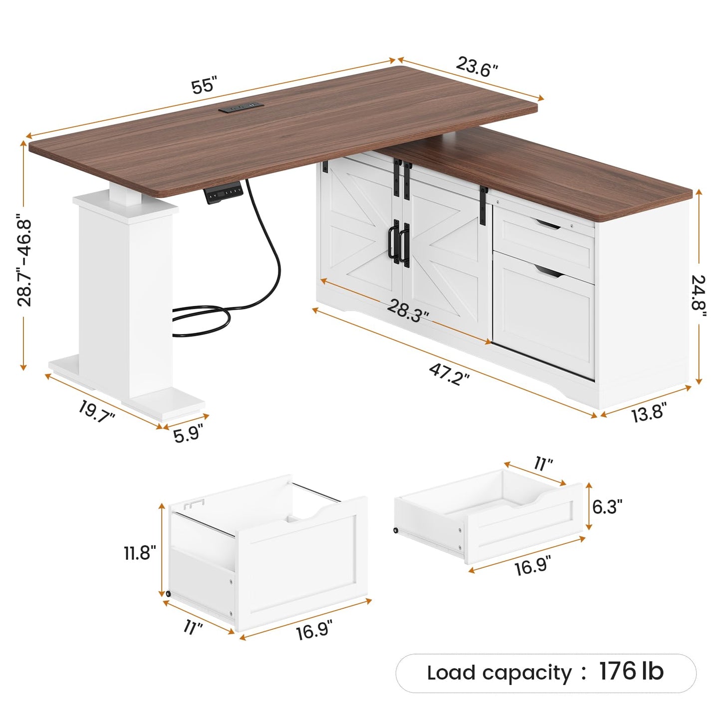 SEDETA Farmhouse L Shaped Standing Desk, 55 inch Height Adjustable Corner Desk with Storage Drawers, Standing Computer Desks with Power Outlets for Home Office, White