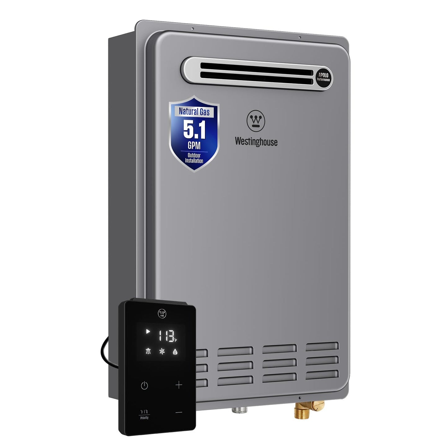 Westinghouse Smart Outdoor Natural Gas Tankless Water Heater, 5.1 GPM 120,000 BTU Whole Home Instant Hot Water Heater, ±1°F Temp Stability, Non-Condensing for 2-4 Fixtures