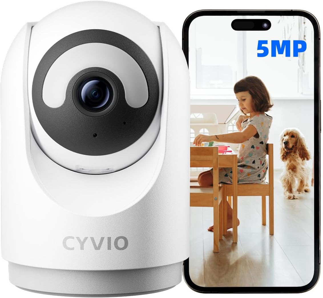 CYVIO 5MP 3K 2-Way Indoor WiFi Camera, Plug-in Security Camera with Wireless Connection, Video, Pan/Tilt, Audio, AI