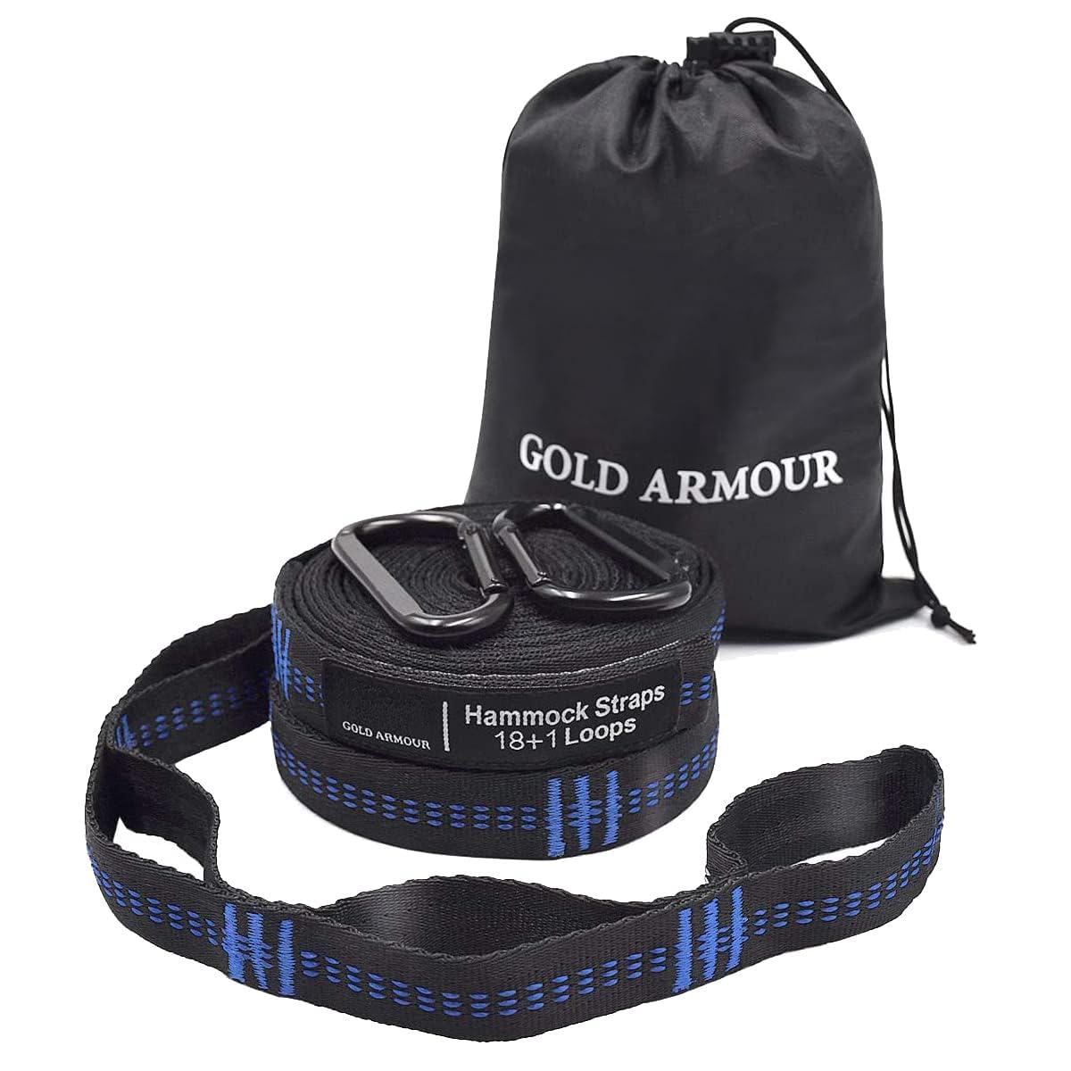 Gold Armour Hammock Straps XL, Camping Hammock Tree Straps Set (2 Straps, 2 Carabiners, Carrying Bag), 20 ft Long Combined, 36 Loops, Must Have Accessories & Gear (Black with Blue Stitching)