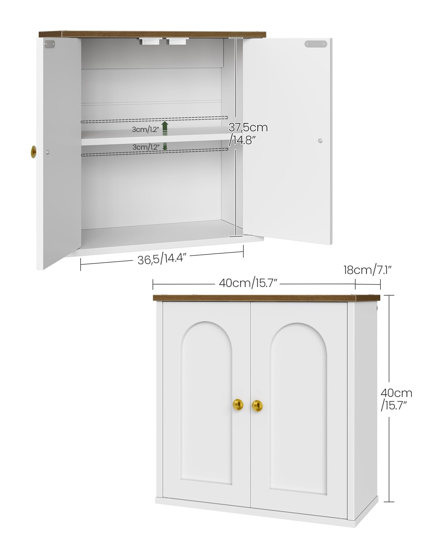 CHOEZON Bathroom Wall Cabinet, Medicine Cabinet with Adjustable Shelf, Modern Wall Cabinet with 2 Doors, Farmhouse Wall Mounted Storage Cabinet, for Bathroom, Living Room, Kitchen, White and Walnut