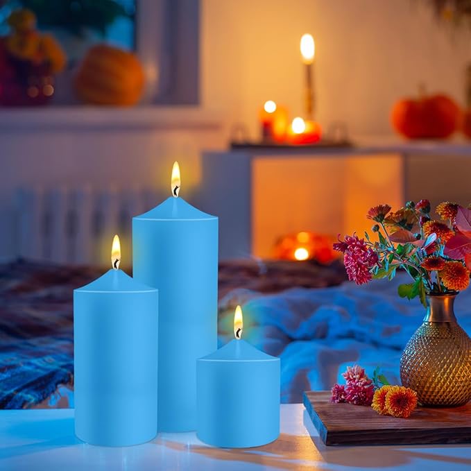 Pillar Candles 3 x 4, 6, and 8 inches, Large Handmade Candles Set of 3, Blue Decorative Candles for Wedding, Home Decoration, Dinner, Church