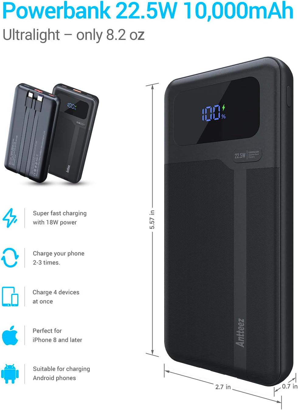 Antteez 10000mAh 22.5W Pack 4 2 Portable Charger with Built in Cable - Fast Charging Power Bank USB C LED Display