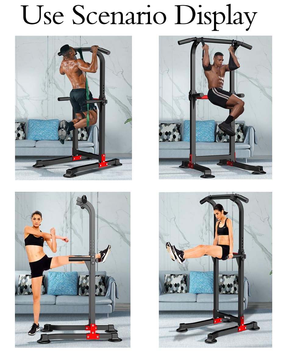 Power Tower Dip Station Pull Up Bar - Multi-Purpose Home Gym Equipment with Adjustable Height and Non-Slip Foot Pads - 330lbs Capacity