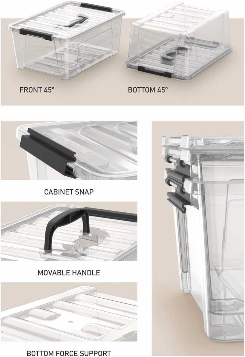 WYT Clear Storage Latch Bins - 6-Pack Organizer Boxes with Handles & Lids | 5-Litre Capacity