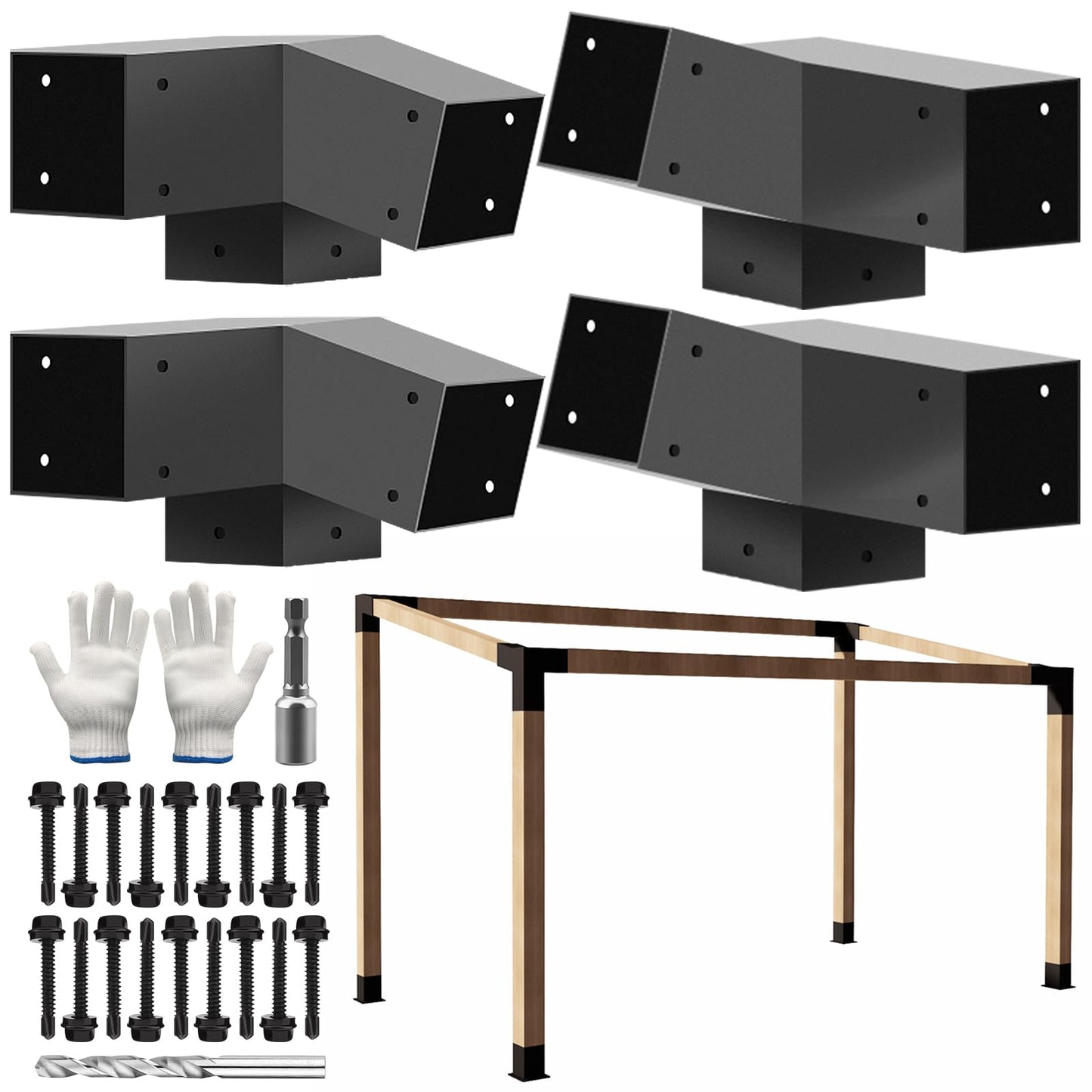 DEVALLEY 3-Way Slant Angle Pergola Brackets Kit,15 Degree UP & 75 Degree Down Right Corner Woodwork Brackets for 4" x 4" (Actual:3.5"x3.5") Lumber for Patio Pergolas,Gazebos,Log Cabin - 4 Pack……