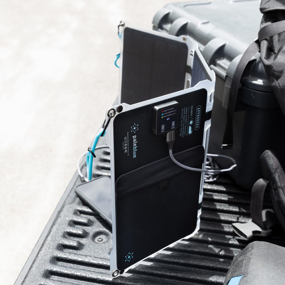 Paleblue Approach 2 Portable Solar Panel Charger – 21 Watts – Triple Panel Foldable Solar Charger with Dual USB Ports, Grip Cords & Stash Sleeve - Camping, Hiking, Backpacking & Off-Grid Outdoor Power