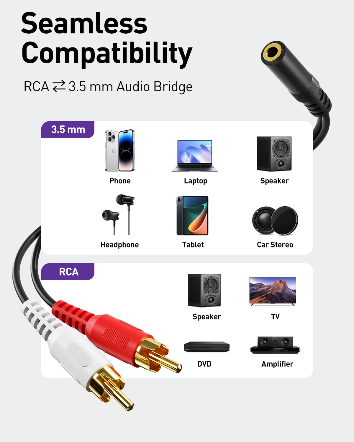 3.5mm 2 2-Pack, MP3, (39 inch) VCE Female to RCA Splitter Male Stereo Audio Y Cable Gold Plated Adapter Compatible