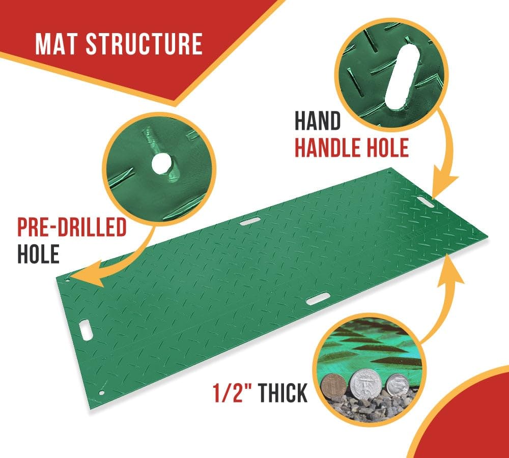 Mytee Products 12 Pk 4' x 8' - 1/2" Thick Heavy Duty Green Ground Protection Mats with Diamond Plated Tread - Easily Supports 120 Ton Loads - HDPE Construction Mat for Equipment Lawns Landscapers