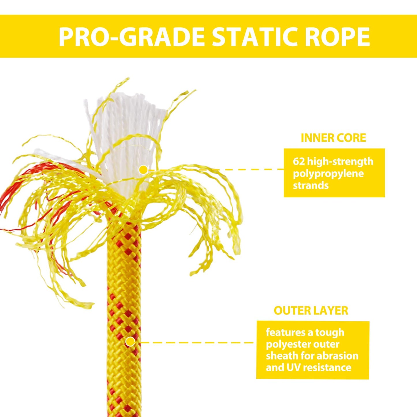 Vandham Static Climbing Rope - 12mm High Strength Arborist Rope 32FT for Outdoor Rappelling, Swing, Rigging, Tree Work, Camping - Yellow