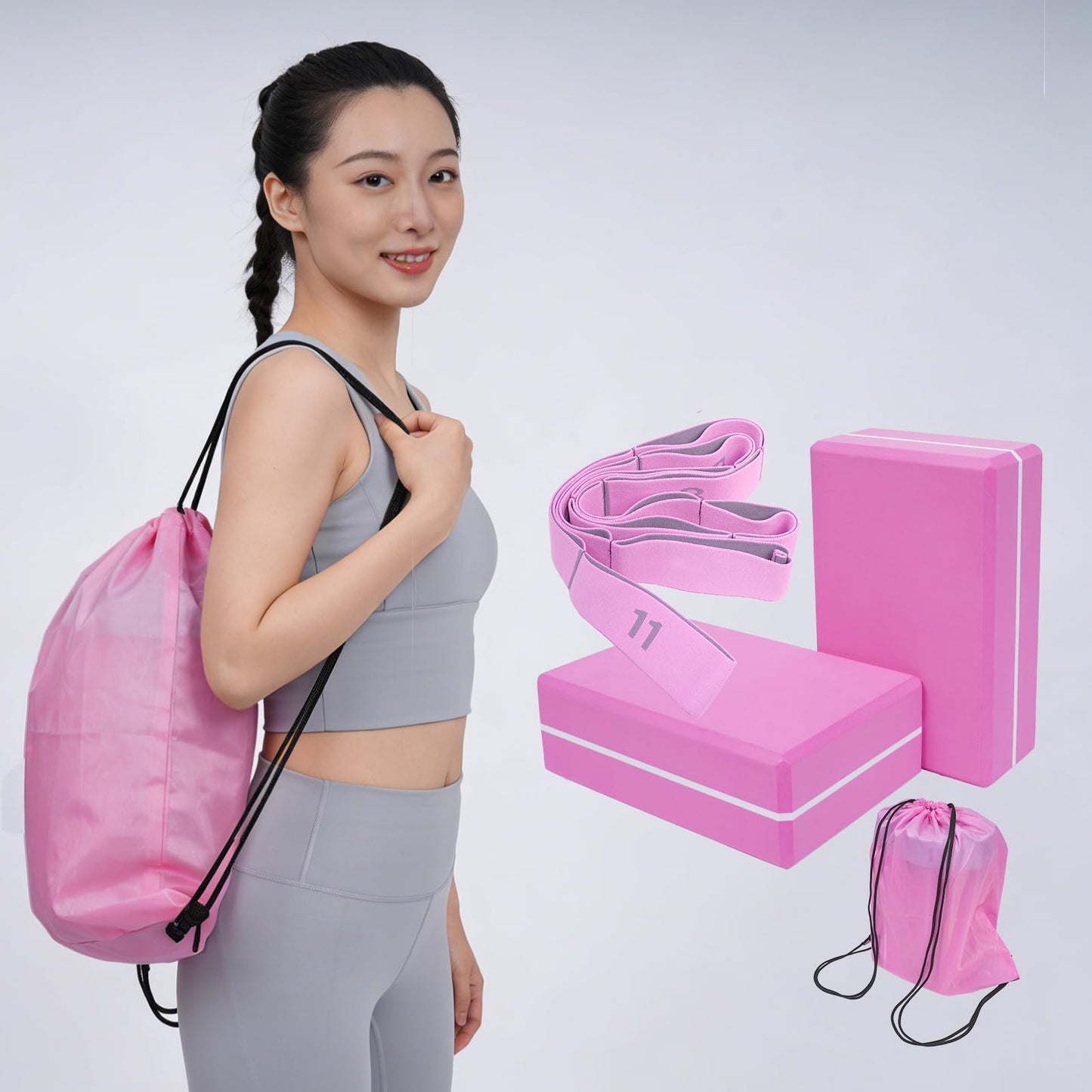 Yoga Blocks 2 Pack with Stretch Strap & Bag – High Density EVA Foam Yoga Block Set, Non Slip Bricks with 11 Loop Strap for Yoga, Pilates, Stretching, Fitness & Rehab (Pink Brick & Pink Band)