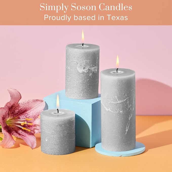Simply Soson Grey Rustic Texture Pillar Candles 3x3 inch - Set of 3 - Unscented Decorative Grey Candles, No Drip, Ideal for Home Decor, Weddings, Holidays