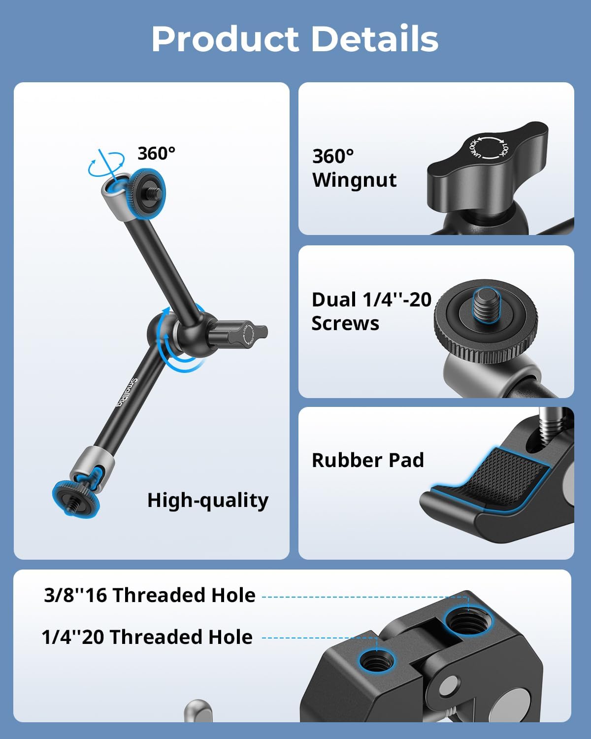 SMALLRIG 1/4" 3/8" 9.8 Inches 5326 Clamp w/ and Thread Holes, Adjustable Friction Power Articulating Magic Arm