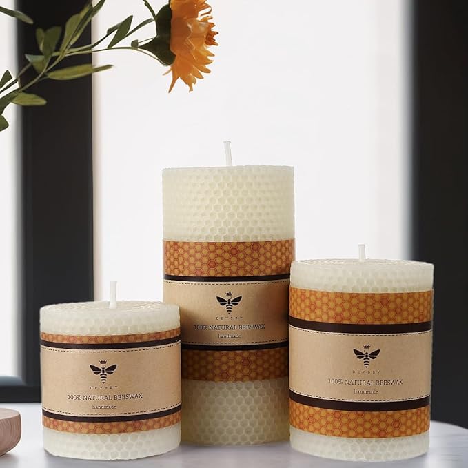 White Beeswax Pillar Candle - Handmade Pure Beeswax Rolled Candle for Gift & Home Decor (3×3 in)