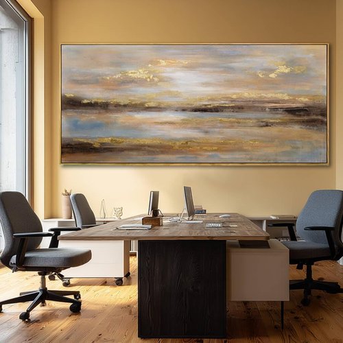 Gold Abstract Wall Decor - Modern Framed Canvas Artwork for Office & Living Room | 32x70 Inch