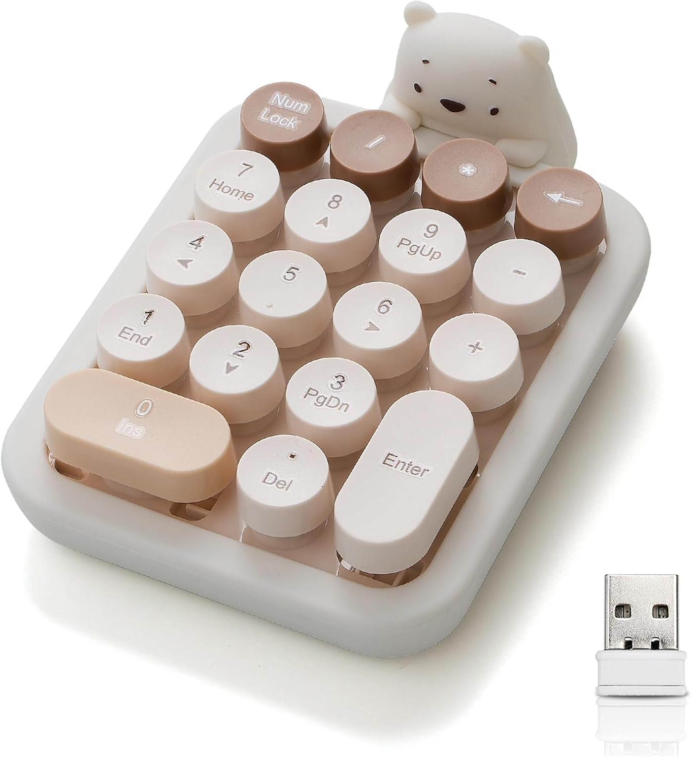 Lomiluskr 2.4G Accounting Cute Wireless Numeric Keypad with Silicone Bear, Colorful Round Keycaps, USB Wireless