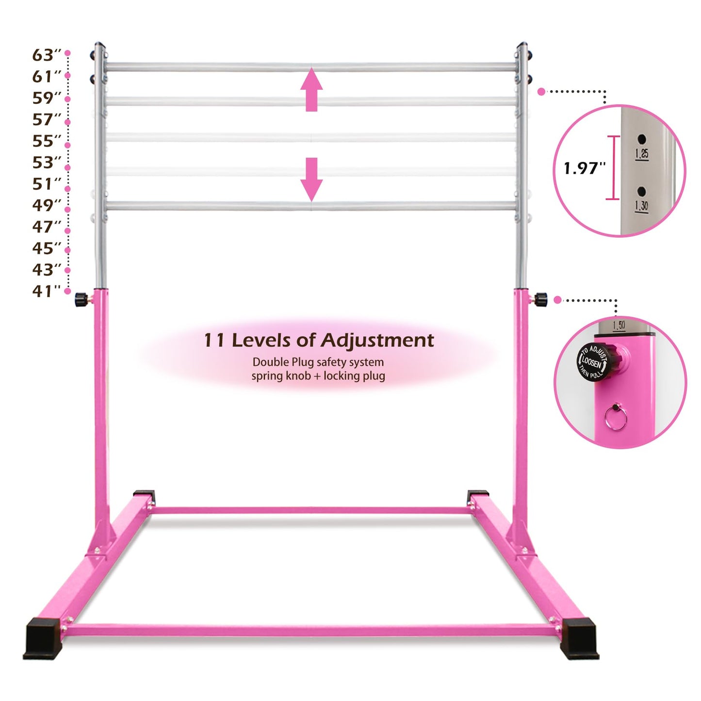 DINOFITNESS Gymnastics Bar for Kids,11 Levels Adjustable Height Gymnastics Equipment for Home,Thickened Upright Tube Gymnastic Horizontal Bars,No Wobble Gymnastics bar for Kids Ages 3-16 (Pink)