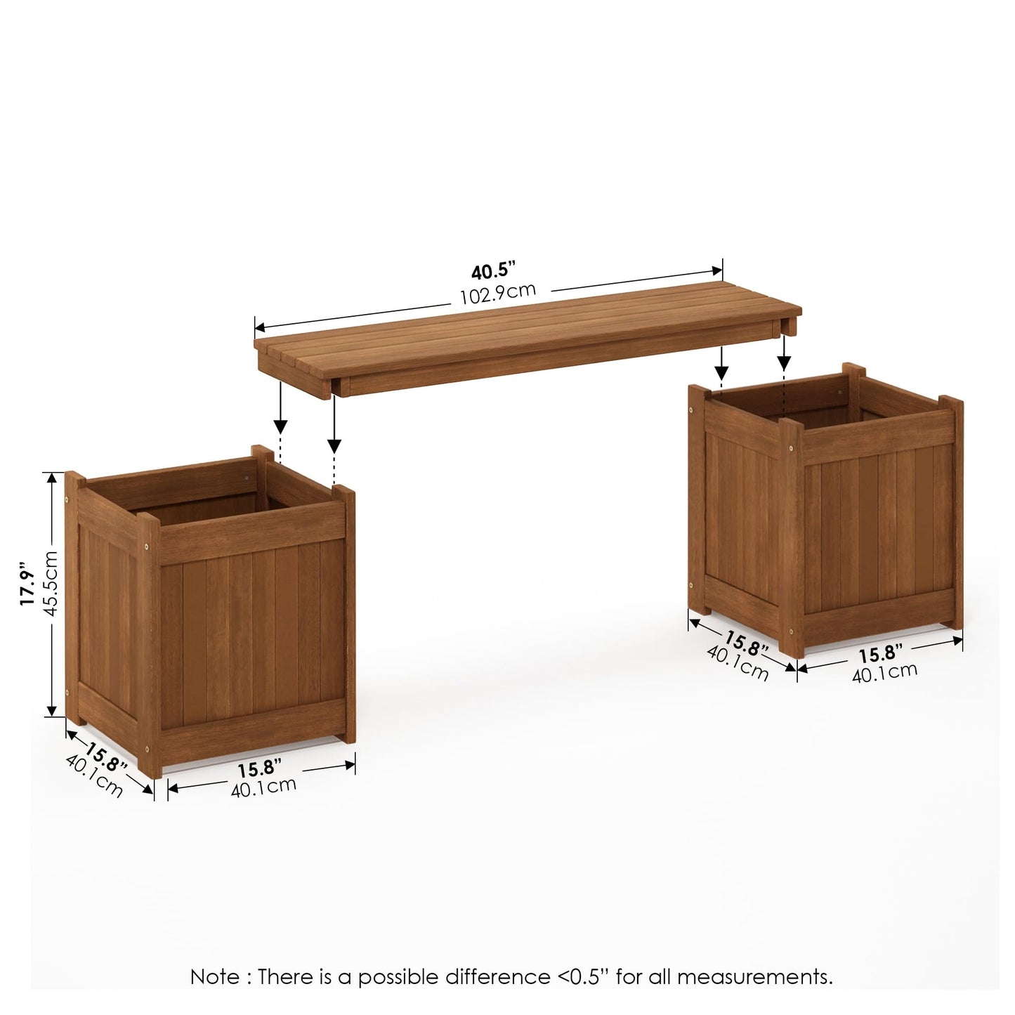 Furinno TIOMAN Planter Box with Bench, Hardwood Flower Box with Seat, Cube Garden Box, in Teak Oil, Outdoor Indoor, Garden, Patio, Balcony, Light Wood