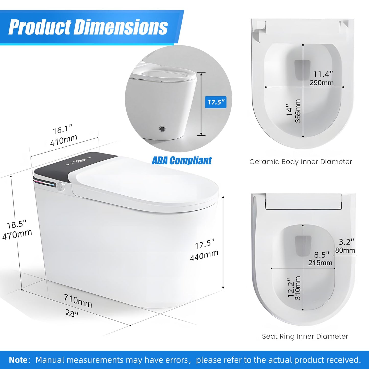 Smart Toilet with Bidet Built In, Auto Open, Heated Seat & Dual Auto Flush, Foot Sensor, Tankless Modern Elongated Electric Toilet with Warm Water Wash, Air Dryer, LED Display & 1000g MaP Flush