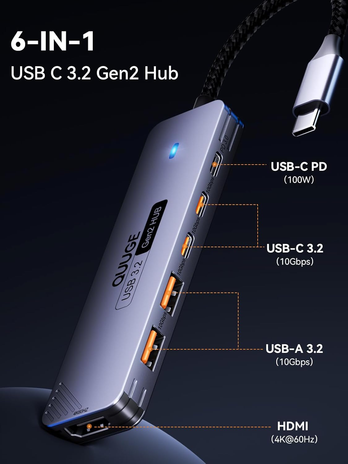 QUUGE 10Gbps, 6-in-1 4K@60Hz 100W 2 3.2 30cm USB C Hub Aluminum Multiport Adapter for Laptops, USB C to HDMI Adapter