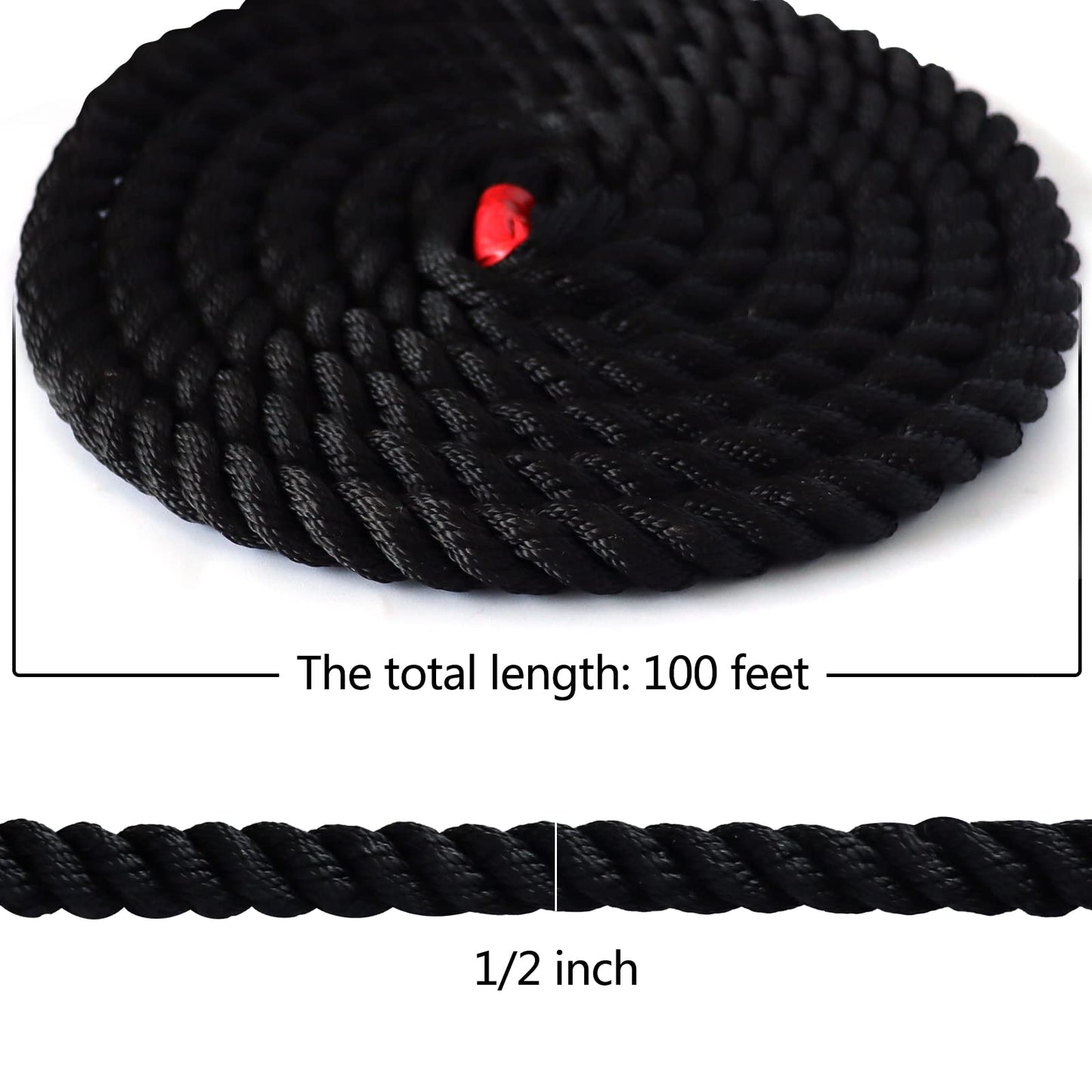 Black Twisted Polyester Arborist Rope (1/2 inch x 100 feet), Strong Tree Climbing Rope Bull Rope for Swing, Sailing, Camping, Pulling, Tree Work