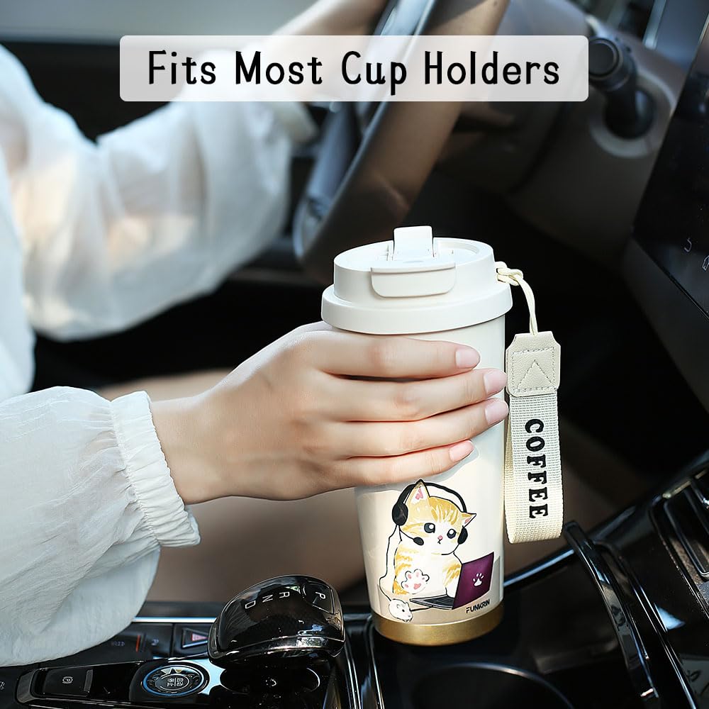 Funkrin Coffee Travel Mug with Flip Lid, 16oz Insulated Tumbler Cup with Ceramic Coating, Double Wall Vacuum Leak-Proof Tumbler for Office School Party Camping