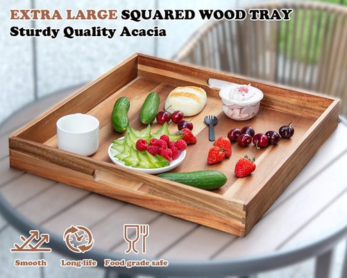 Large Ottoman Tray for Living Room, 20" Extra Large Wooden Tray for Ottoman Square Big Acacia Serving Trays with Handles for Coffee Table, Breakfast, Appetizers, Dinner