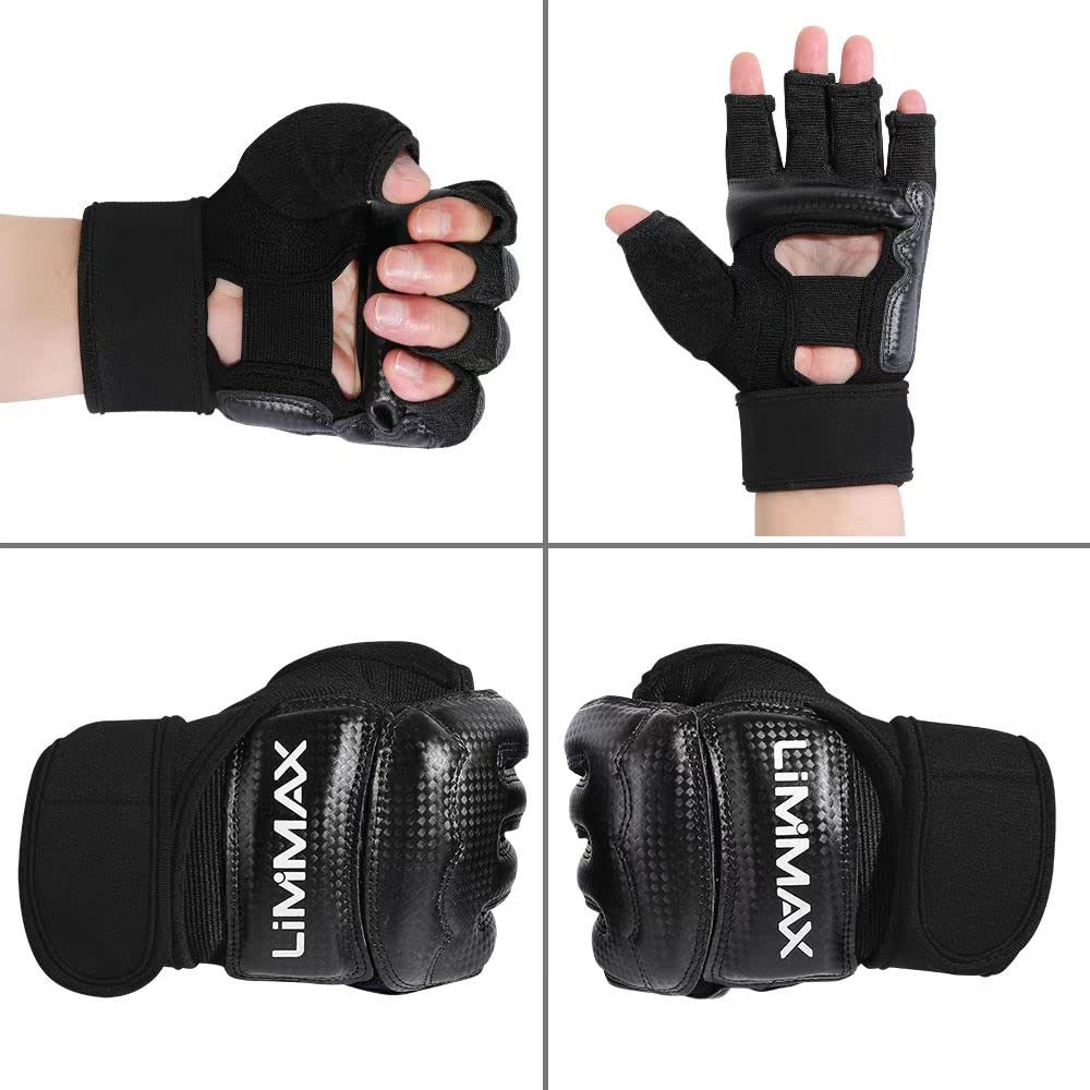 LiMMAX Kickboxing Sparring Gloves MMA Gloves for Men Women Half Finger Boxing Gloves Fighting Gloves Boxing Gloves for Punching Bag Training Gloves for Men Women Black M