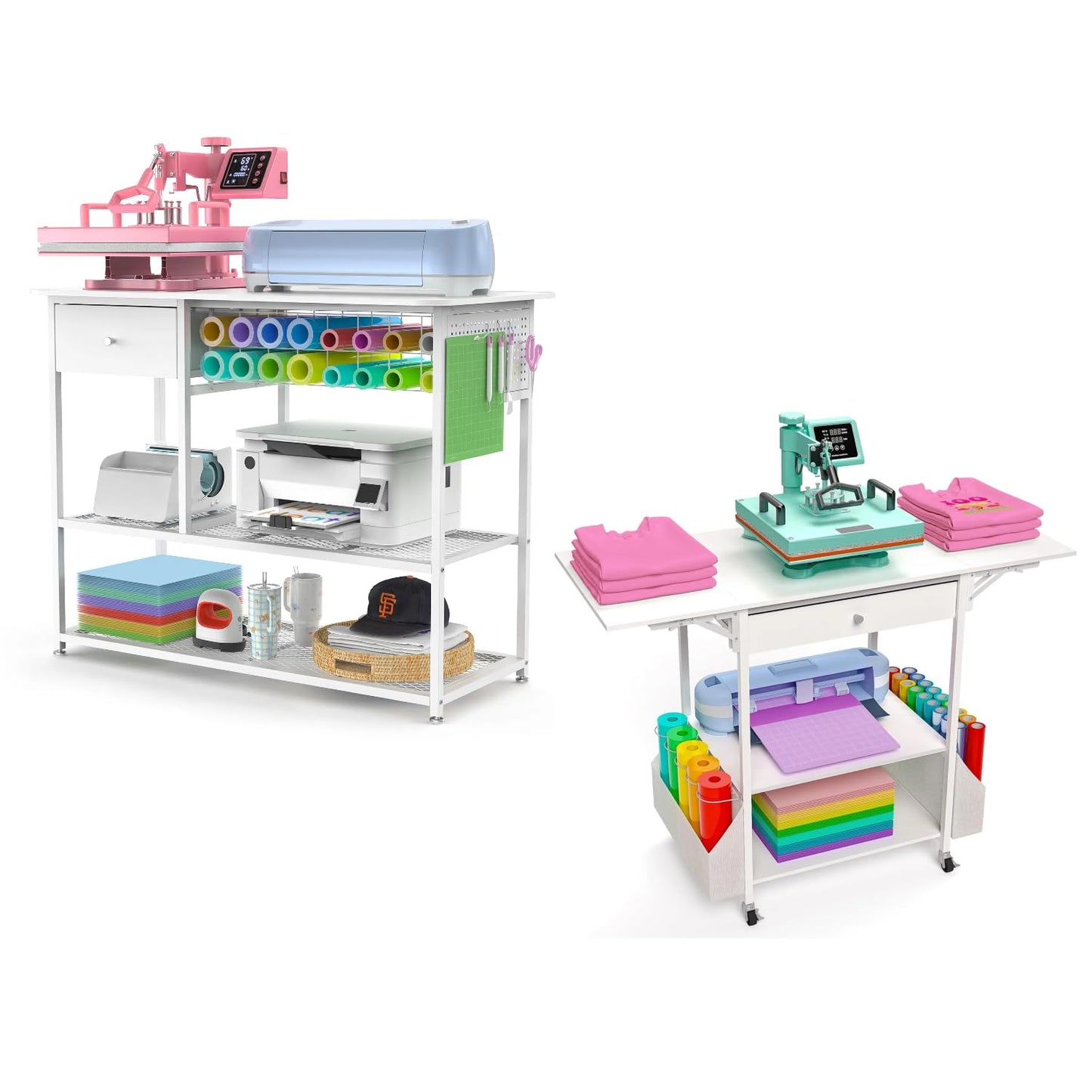 Crafit Extra Large Heat Press Table 2 Pack, Heat Press Stand Desk Cart with Vinyl Storage, Heavy Duty Metal Workbench for DIY Sublimation, T-Shirts Caps Mug & Tumbler Heat Transfer Projects
