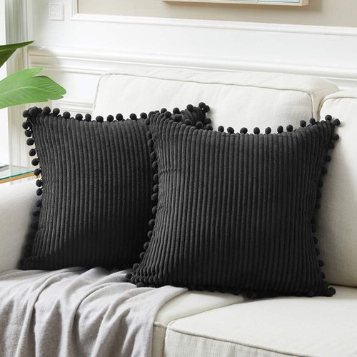 Fancy Homi Decorative Throw Pillow Covers - Set of 2 Black Pom-Pom Cushions | 12x12 Inch Soft Plush for Modern Farmhouse Decor