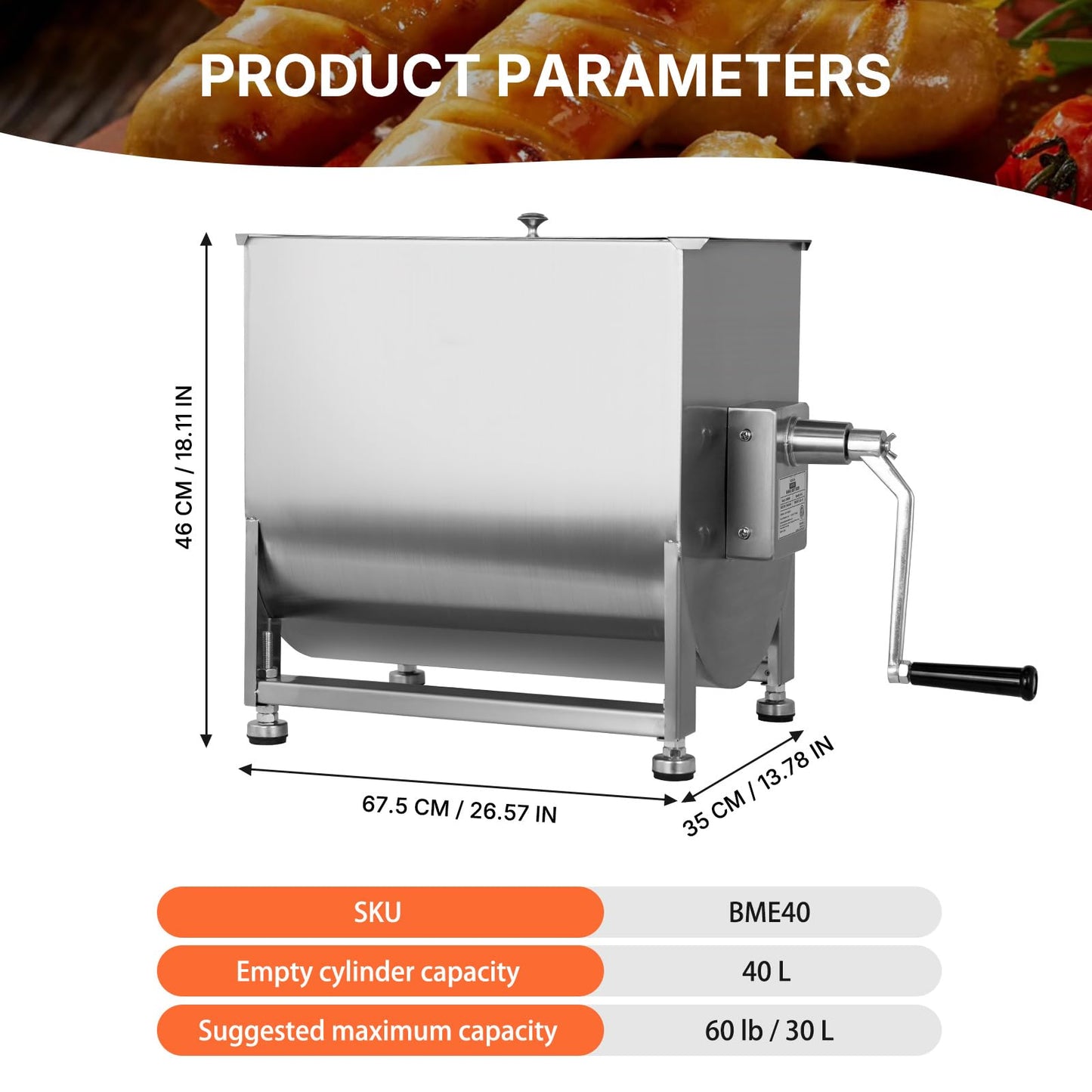 Hakka Manual Meat Mixer 60lb/30L, Fixed Tank 40L Stainless Steel Updated Commerial Food Mixer for Meat and Seasonings, Sausage, Burger, Patty
