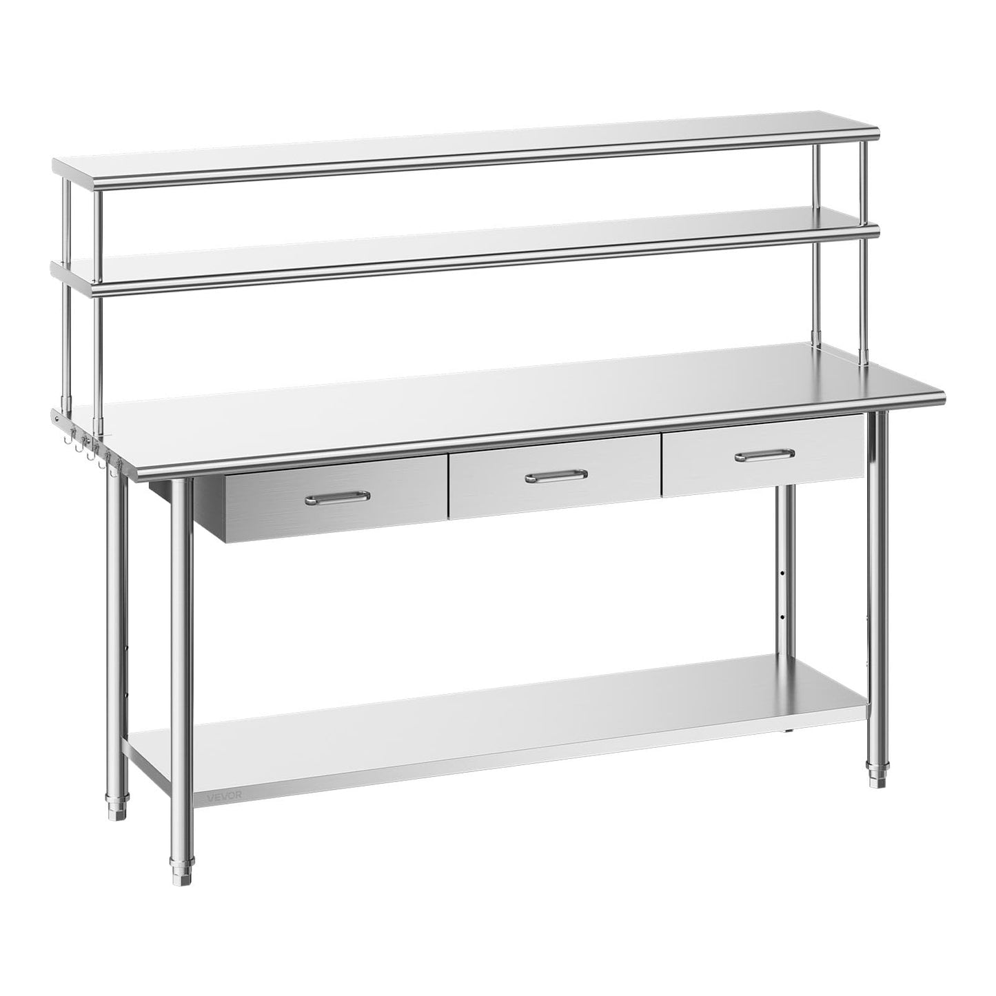VEVOR Stainless Steel Work Table, 24x72 Inch Food Prep Table with Overshelves and 3 Drawers, Commercial Kitchen Workstation with Adjustable Undershelf, Metal Utility Worktable, for Restaurant Garage