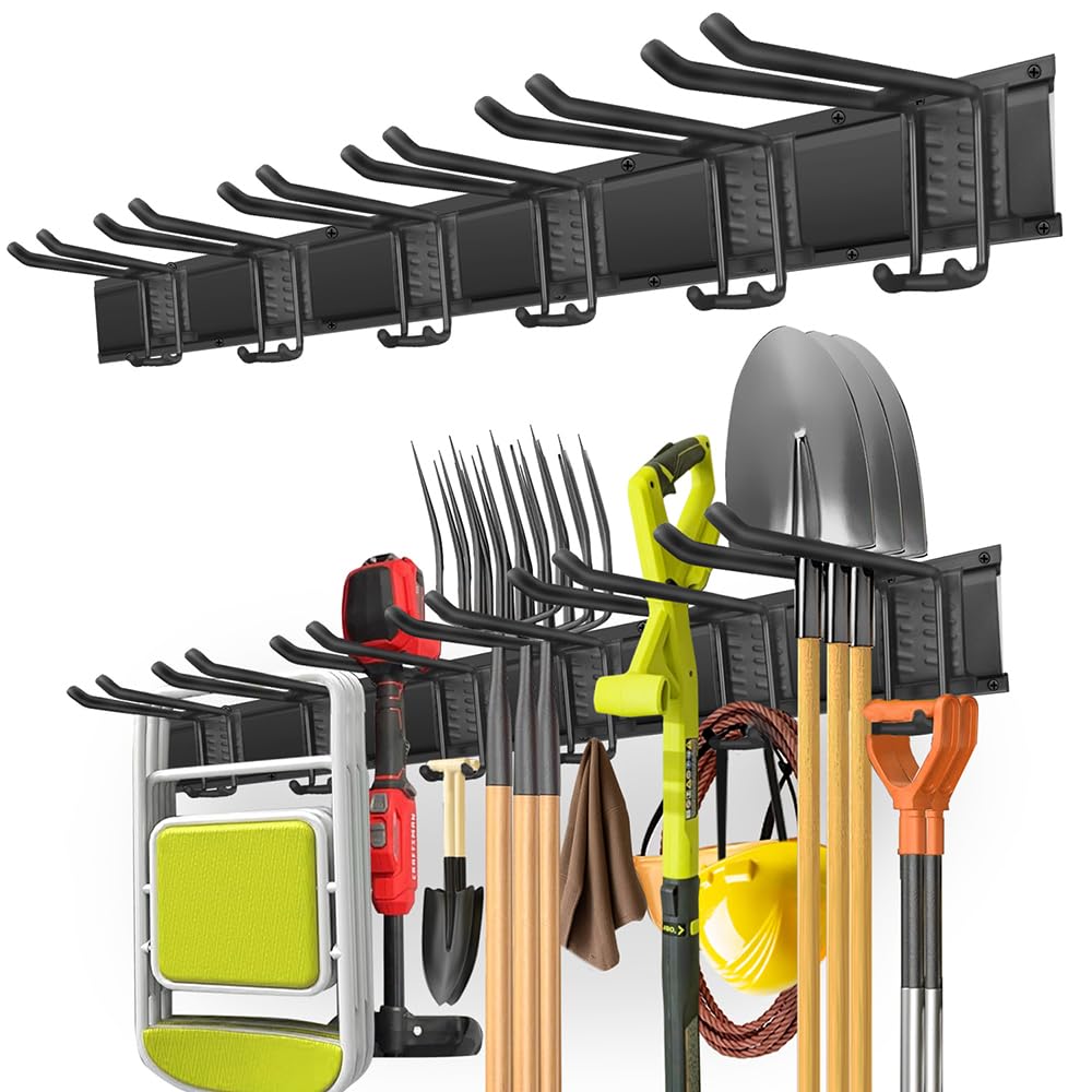 PIYILO Garage Tool Organizer Wall Mount with 48 inches Rails and 6 Double-layer Hooks, Garden Tool Rack Heavy Duty, Garage Hanging Storage Rack For Yard Tools, Shovel, Shed