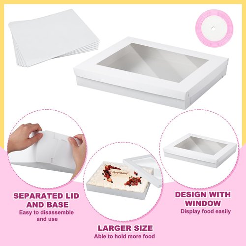 Chivertion 5 Set Full Sheet Cake Box 26 x 18 x 4 Inch with Cake Boards and Pink Satin Ribbon Large Rectangle Bakery Boxes with Window White Bakery Boxes for Packaging Cupcakes Muffins Pie